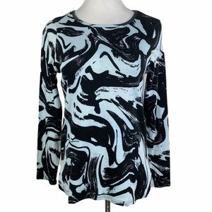 Avon Swirl Print Crew Neck Tee Women's Medium Blue Black Cotton Long Sleeve